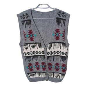 Handknit Sweater Vest Aztec Geometric Print Grey/Burgundy/Teal/White‎ Size M/L